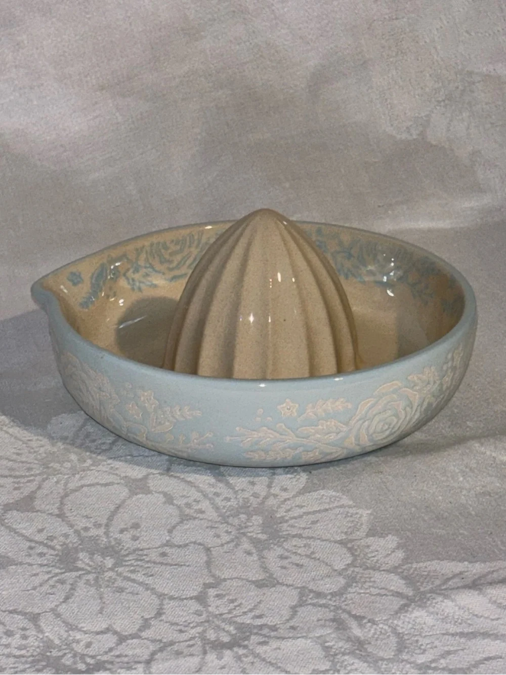 Vintage Pastel Blue Ceramic Citrus Juicer Rose Floral Cottagecore Reamer